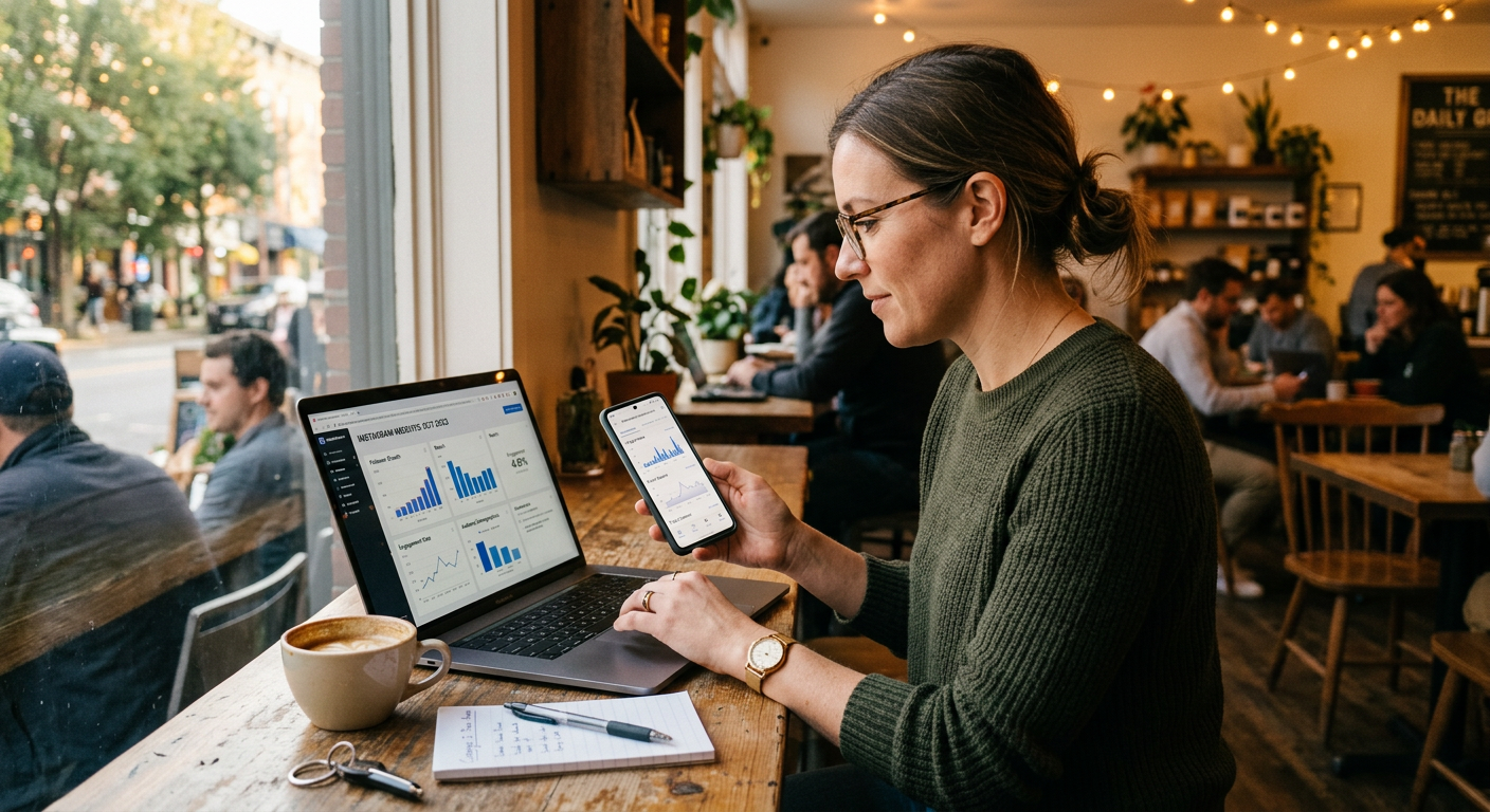 Small business owner using social media management tools to track analytics