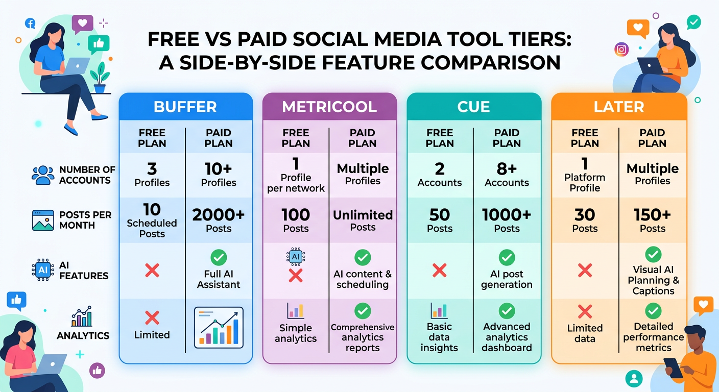 Free vs paid social media marketing tools comparison chart 2026