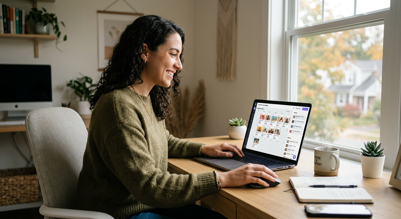 Content creator using a smart social media scheduling tool on a laptop