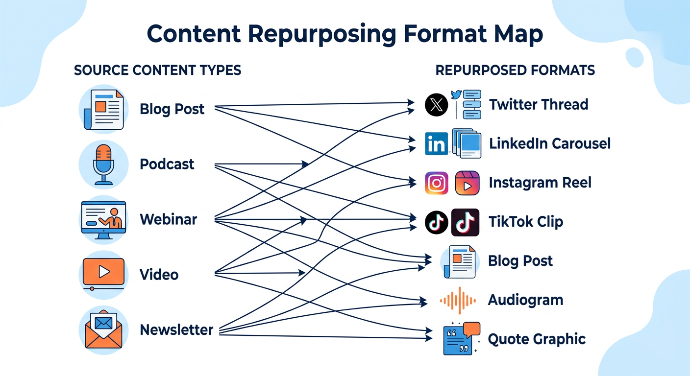 Content repurposing format map showing how to transform blog posts, podcasts, and videos into social media content