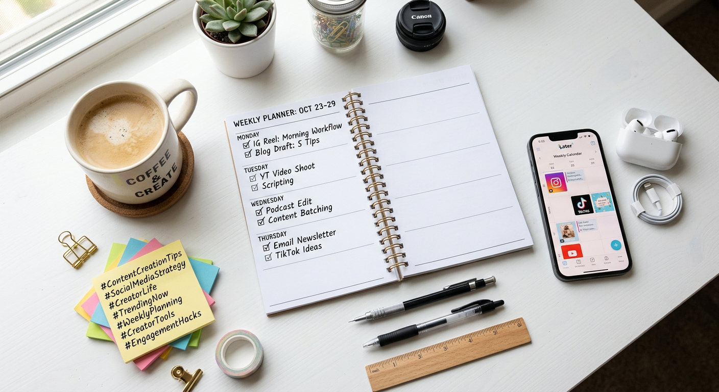 Content creator planning weekly TikTok posting schedule with planner and smartphone