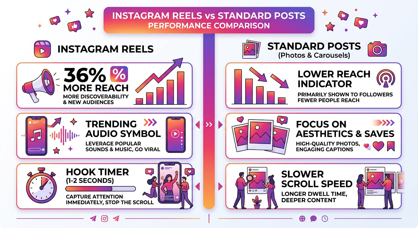 Instagram Reels vs standard posts reach comparison infographic 2026