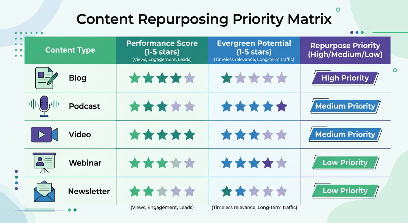 Content repurposing priority matrix showing how to score and rank existing content for repurposing