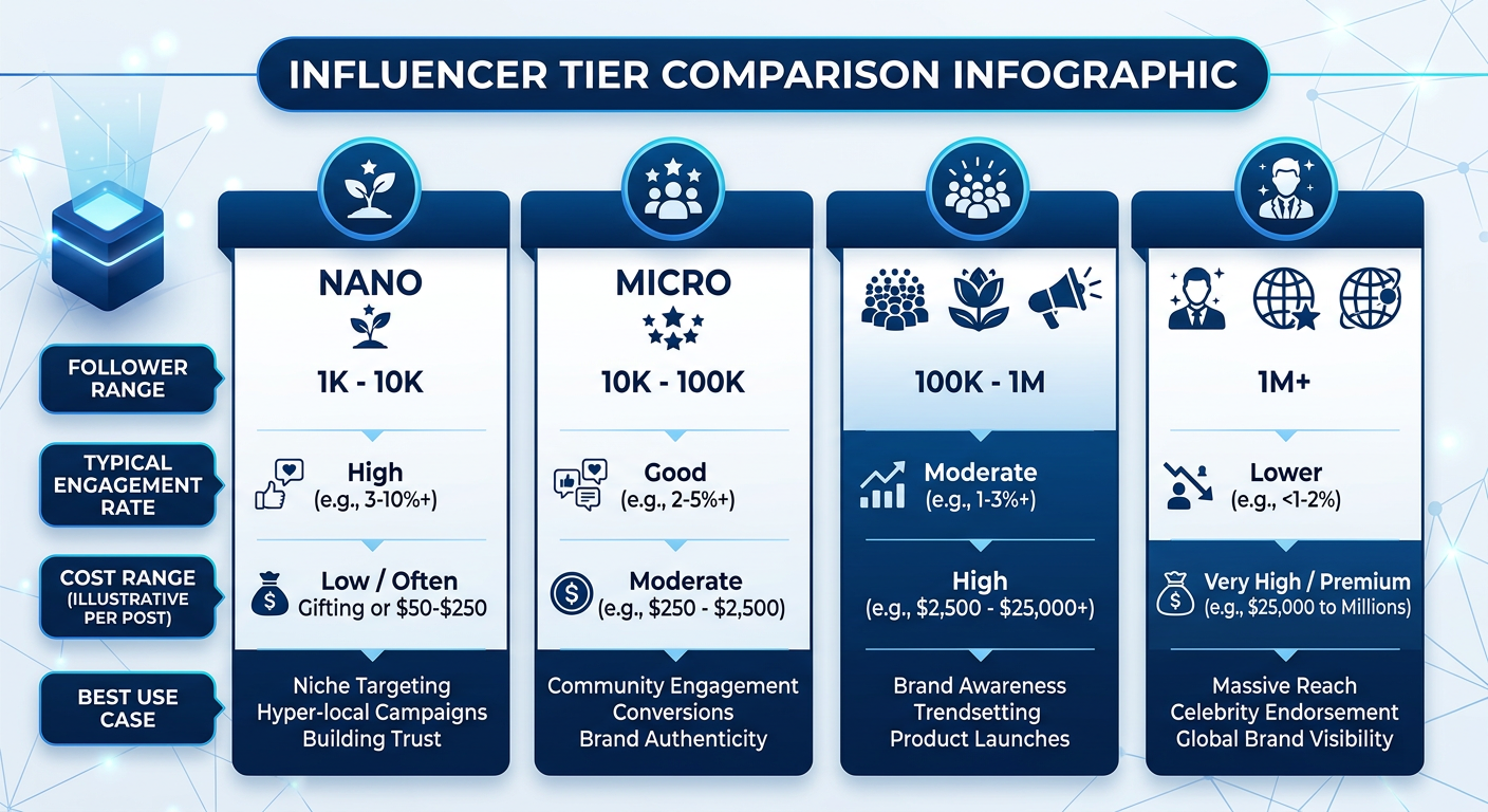 Influencer marketing tier comparison chart showing follower counts engagement rates and costs