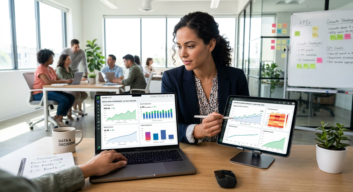 Marketer analyzing repurposed content performance across social media platforms using analytics dashboard