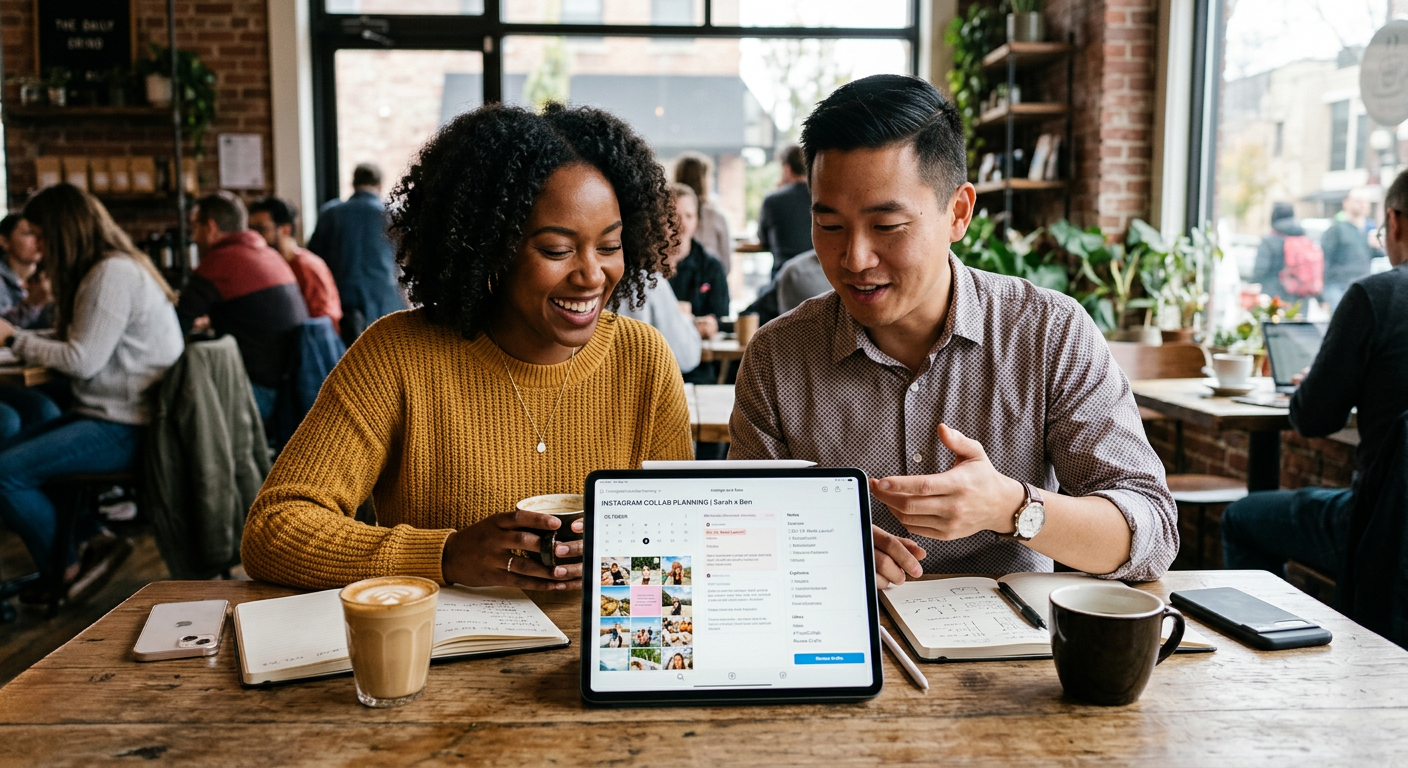 Two Instagram creators collaborating on content strategy and cross-promotion